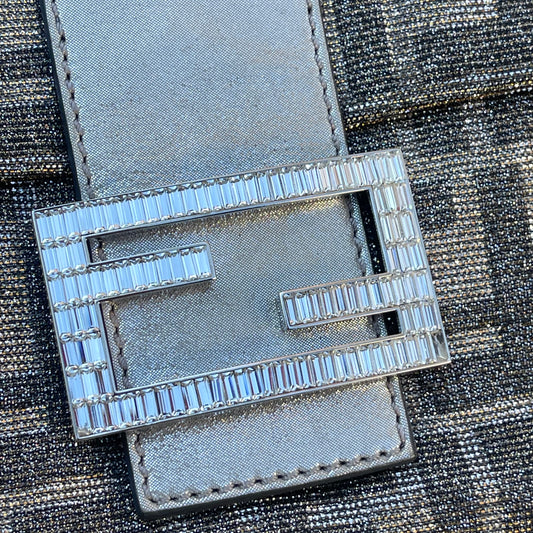 Fendi FF Metallic iridescent Mamma Baguette Shoulder Bag Crystal Logo Hardware