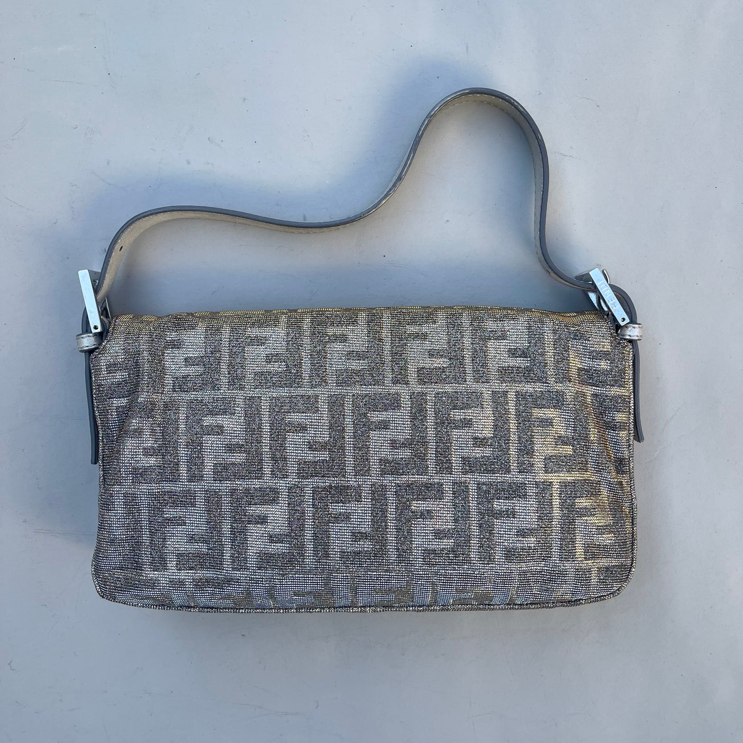 Fendi FF Metallic iridescent Mamma Baguette Shoulder Bag Crystal Logo Hardware