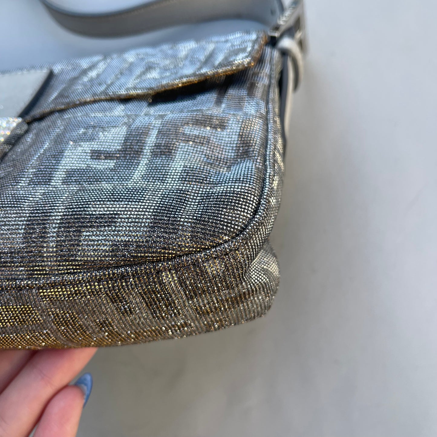 Fendi FF Metallic iridescent Mamma Baguette Shoulder Bag Crystal Logo Hardware