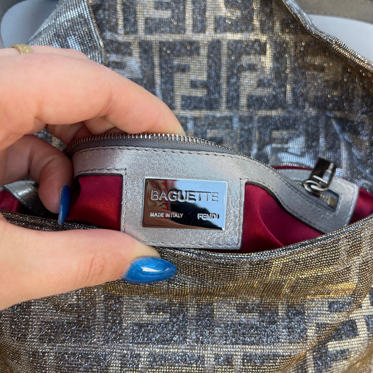Fendi FF Metallic iridescent Mamma Baguette Shoulder Bag Crystal Logo Hardware