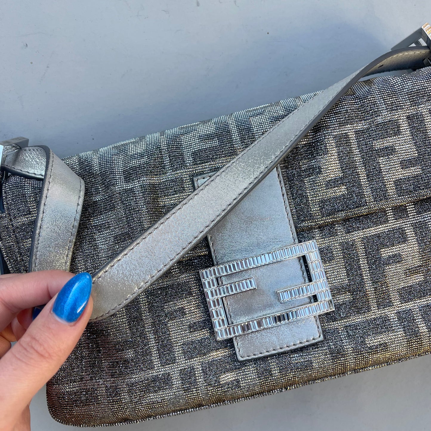 Fendi FF Metallic iridescent Mamma Baguette Shoulder Bag Crystal Logo Hardware