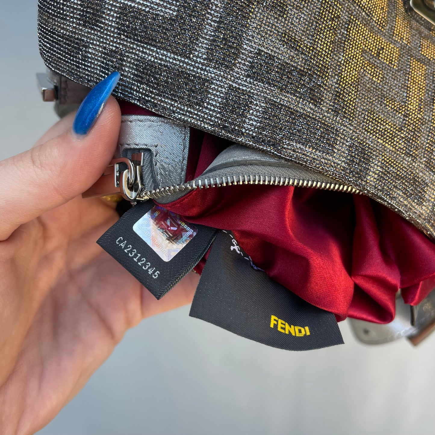 Fendi FF Metallic iridescent Mamma Baguette Shoulder Bag Crystal Logo Hardware