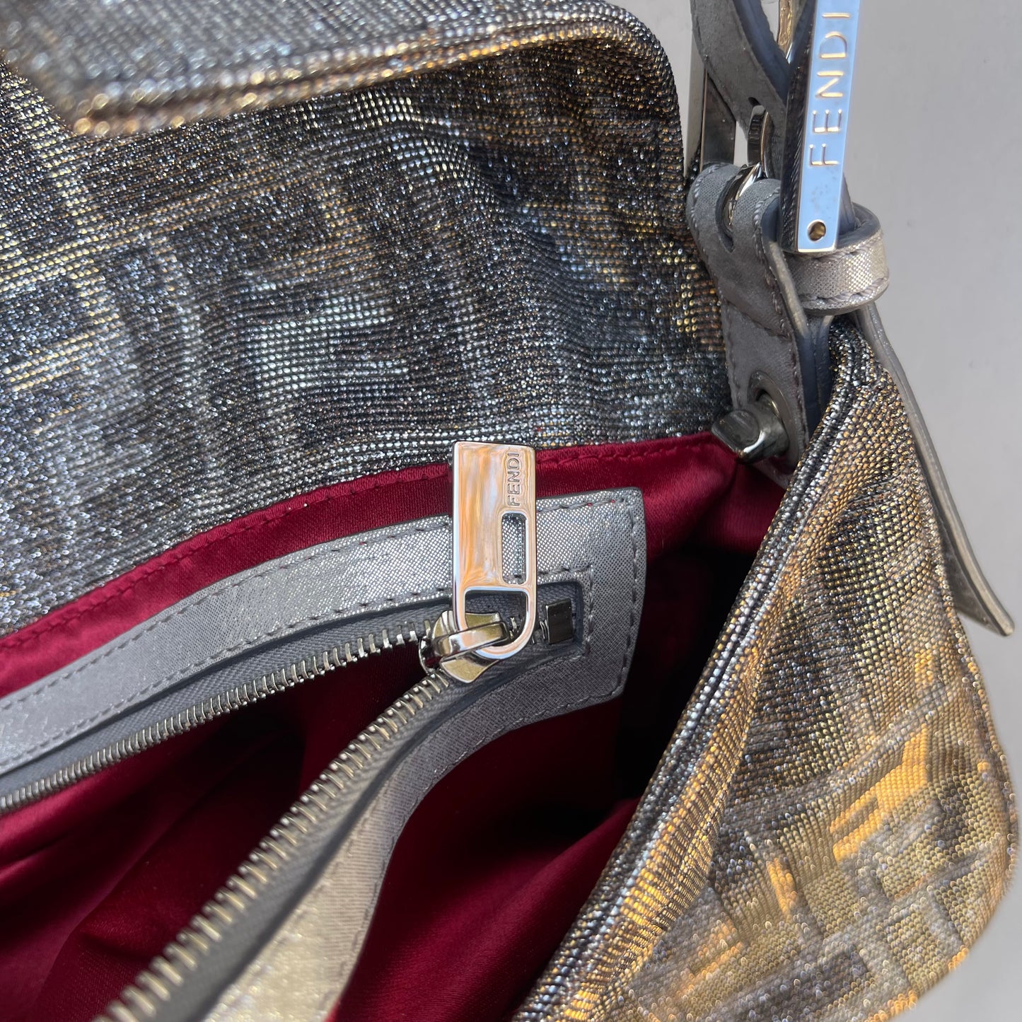 Fendi FF Metallic iridescent Mamma Baguette Shoulder Bag Crystal Logo Hardware