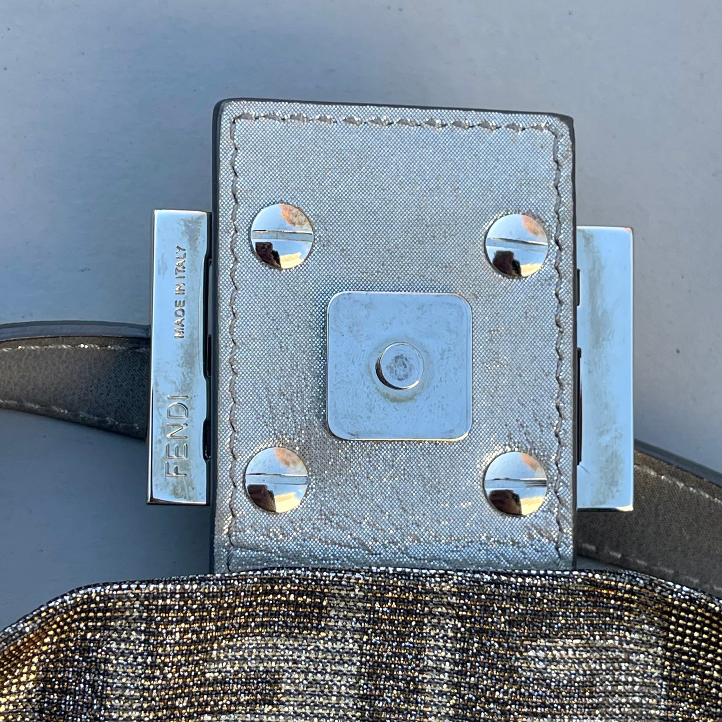 Fendi FF Metallic iridescent Mamma Baguette Shoulder Bag Crystal Logo Hardware