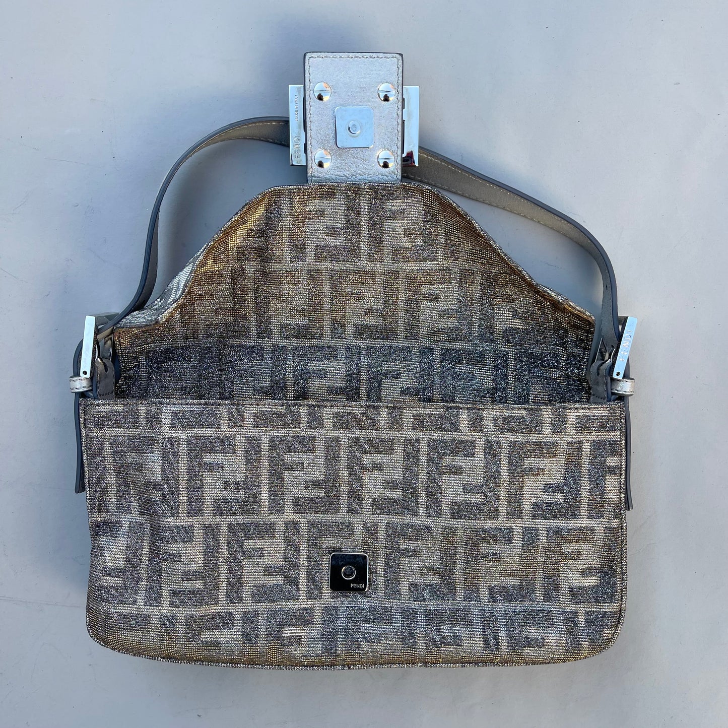 Fendi FF Metallic iridescent Mamma Baguette Shoulder Bag Crystal Logo Hardware