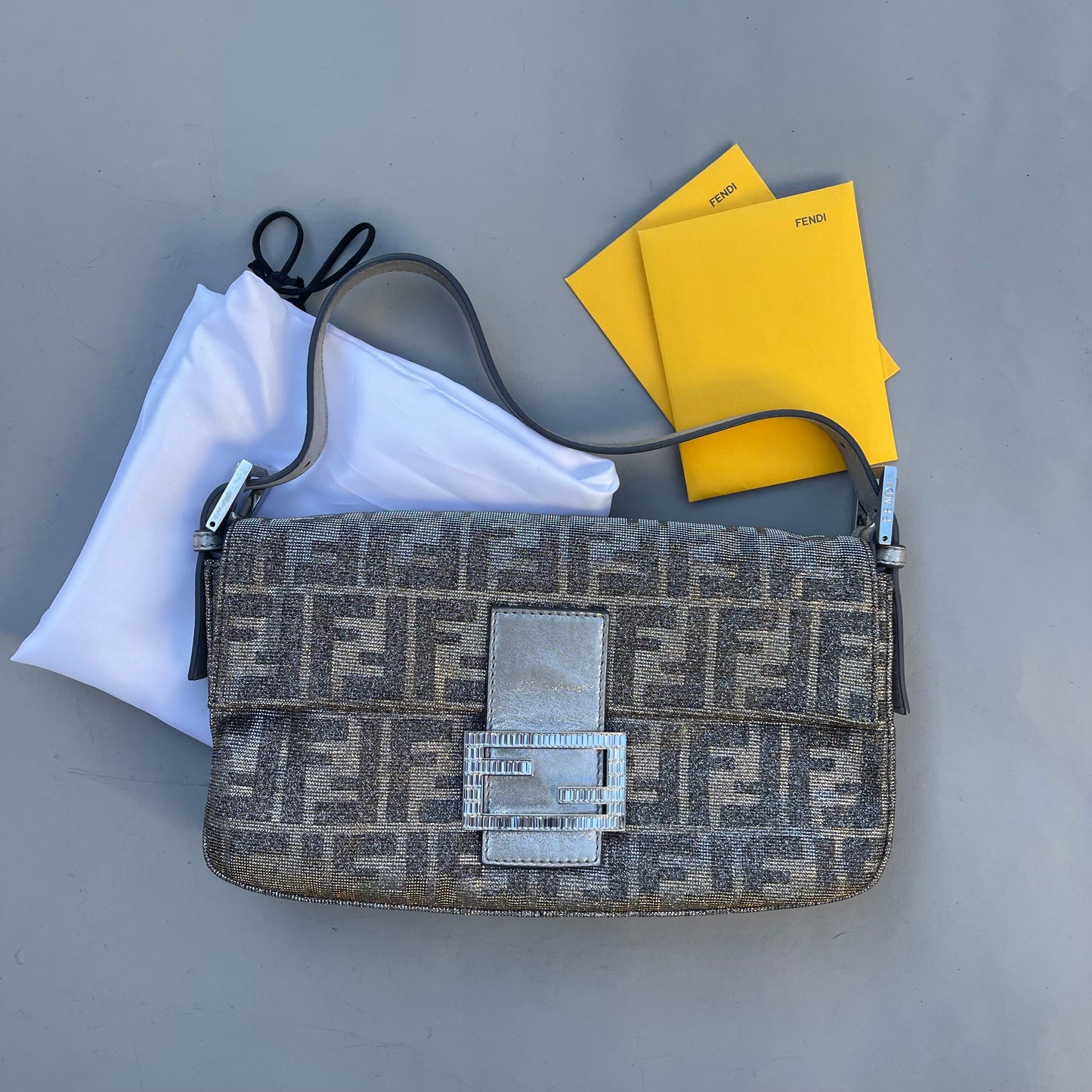 Fendi FF Metallic iridescent Mamma Baguette Shoulder Bag Crystal Logo Hardware